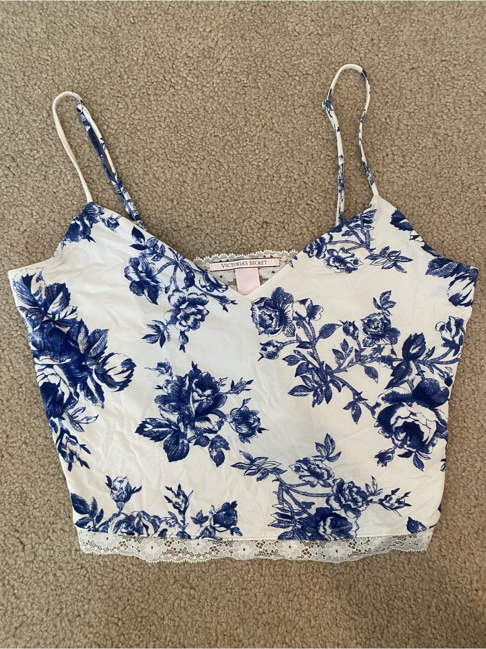 Victoria's Secret Floral Lace Trim Wireless Cami Adjustable Strap M A White